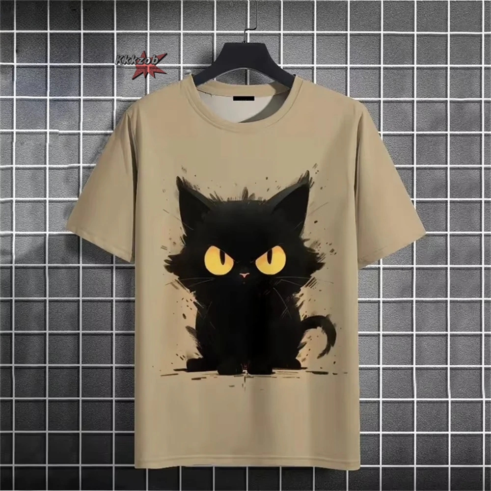 Japanese Ukiyo-E Cute Cat Pattern Round Neck Men's Short Sleeved Daily Oversized T-Shirt Harajuku Y2k T-Shirt T-Shirt Men Top