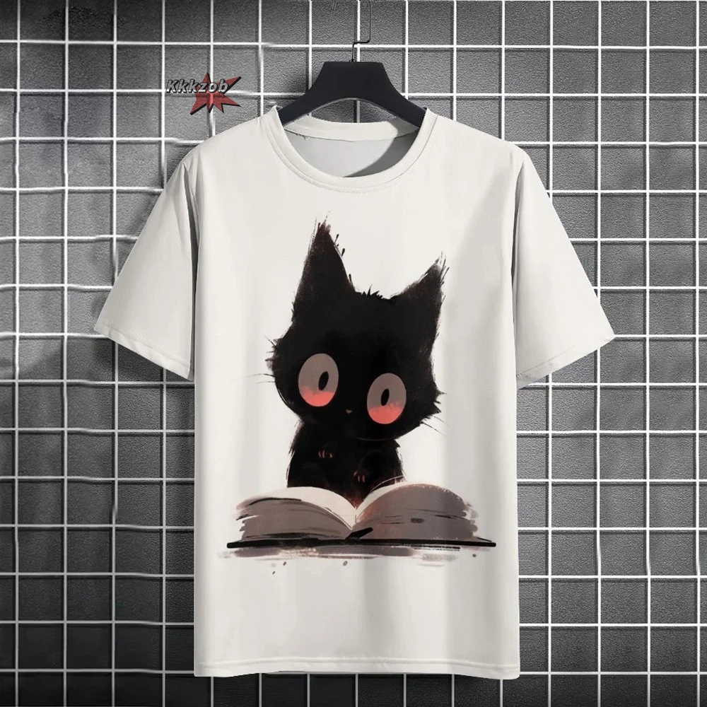 Japanese Ukiyo-E Cute Cat Pattern Round Neck Men's Short Sleeved Daily Oversized T-Shirt Harajuku Y2k T-Shirt T-Shirt Men Top