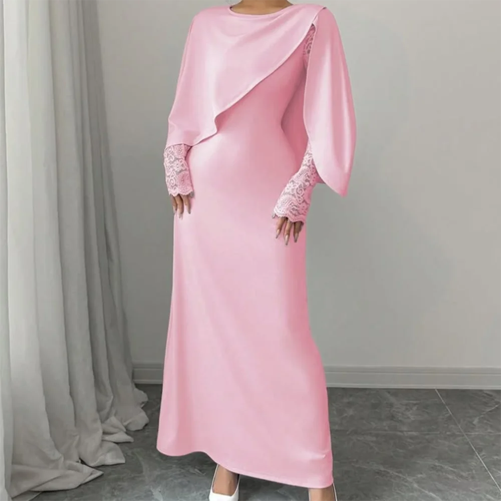 Customized Pink Straight Prom Dresses Ankle-Length Fashion O-Neck Stole Lace Full Sleeve Evening Gown Simple Draped Party Gown
