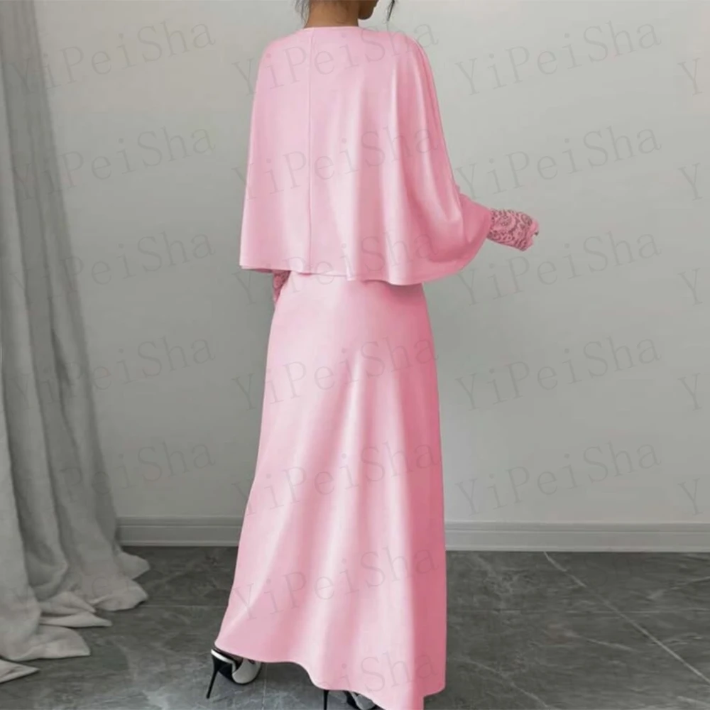 Customized Pink Straight Prom Dresses Ankle-Length Fashion O-Neck Stole Lace Full Sleeve Evening Gown Simple Draped Party Gown
