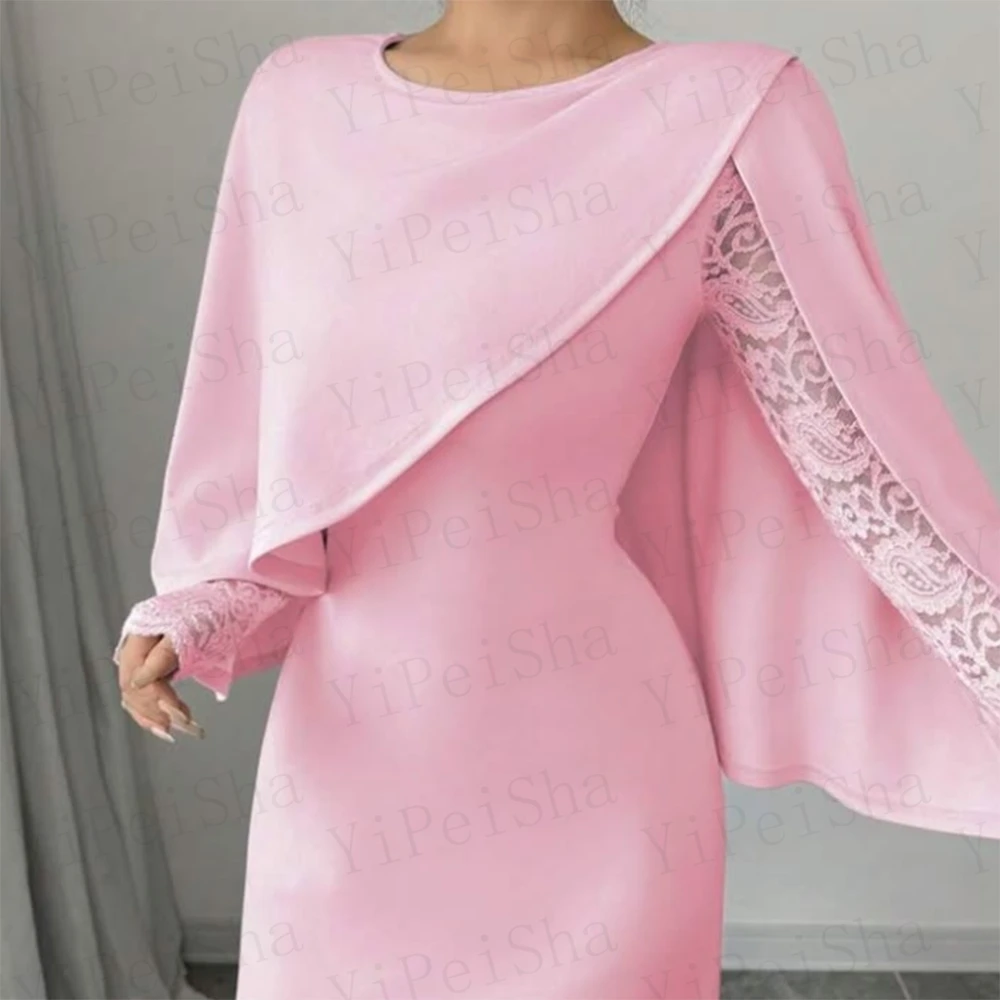 Customized Pink Straight Prom Dresses Ankle-Length Fashion O-Neck Stole Lace Full Sleeve Evening Gown Simple Draped Party Gown
