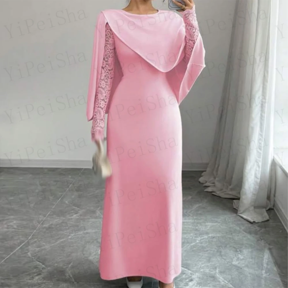 Customized Pink Straight Prom Dresses Ankle-Length Fashion O-Neck Stole Lace Full Sleeve Evening Gown Simple Draped Party Gown