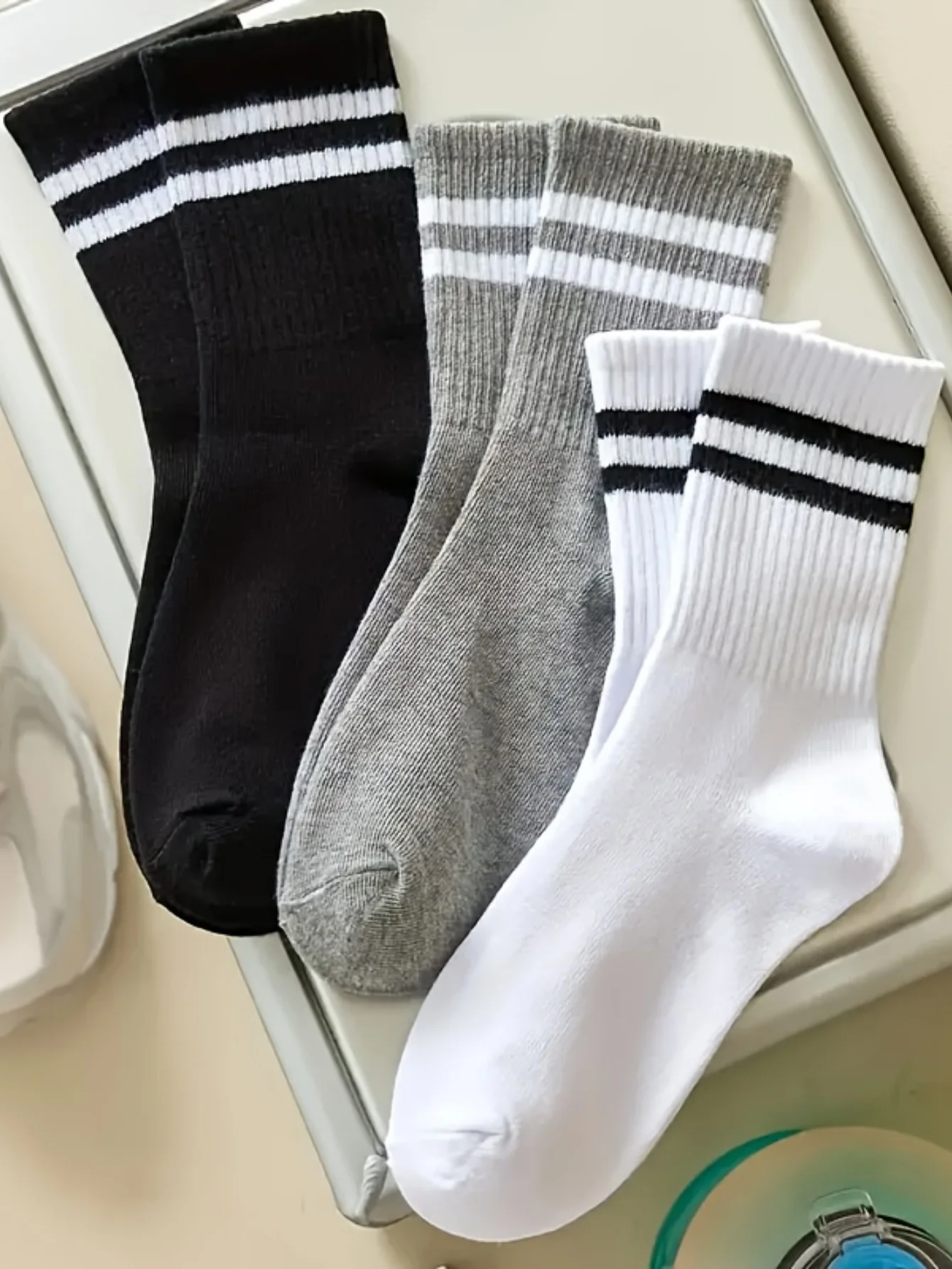 3/ 6 pairs Striped mid-calf socks, crew socks, comfortable and breathable, women's white socks, suitable for daily sports wear