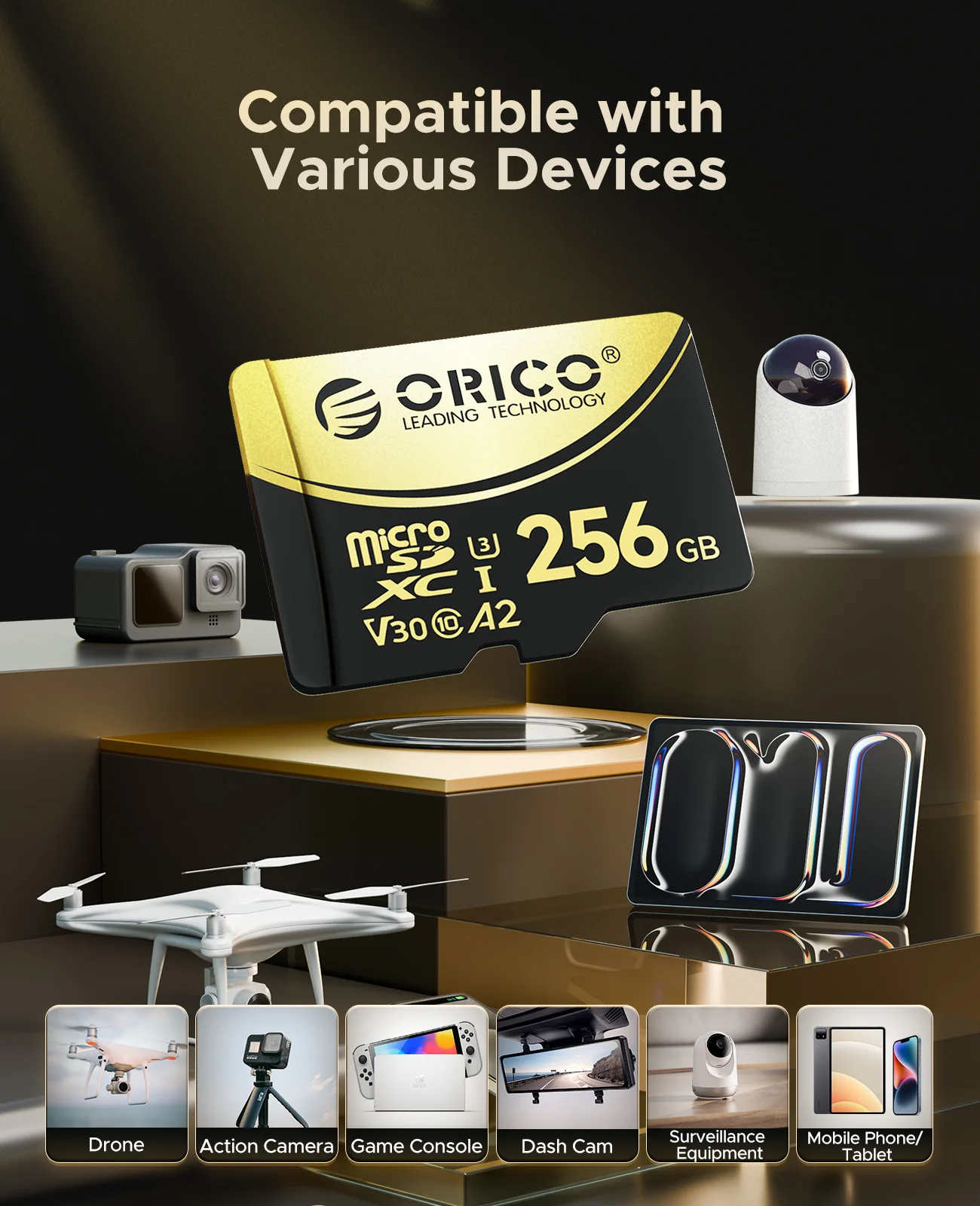 ORICO Micro SD Card TF Memory Card 512GBFull HD and 4K UHD C10, U3, V30, A2, microSDXC Up to180 MB/s for GoPRO DJI Drone