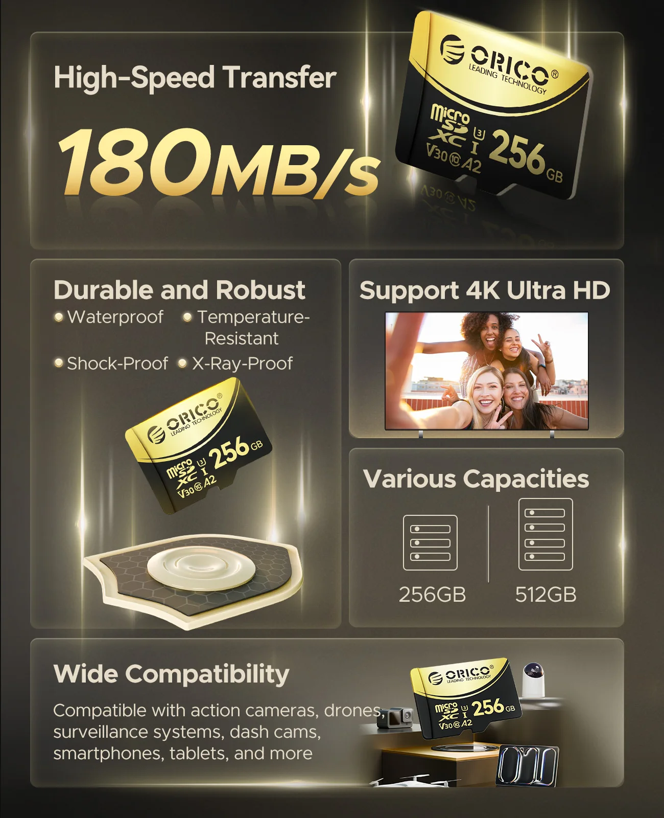 ORICO Micro SD Card TF Memory Card 512GBFull HD and 4K UHD C10, U3, V30, A2, microSDXC Up to180 MB/s for GoPRO DJI Drone