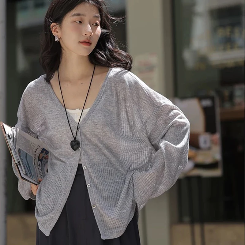 Women's Cardigan New V-neck Long Sleeved Female Shirt Female Jumpers Sun Protection Woman Top Spring Summer Knitted Cardigan