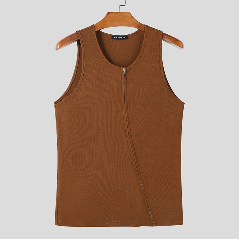 INCERUN Men Tank Tops Solid Color Knitted Zipper Sleeveless Male Vests Summer Streetwear Skinny 2025 Fashion Men Clothing S-3XL