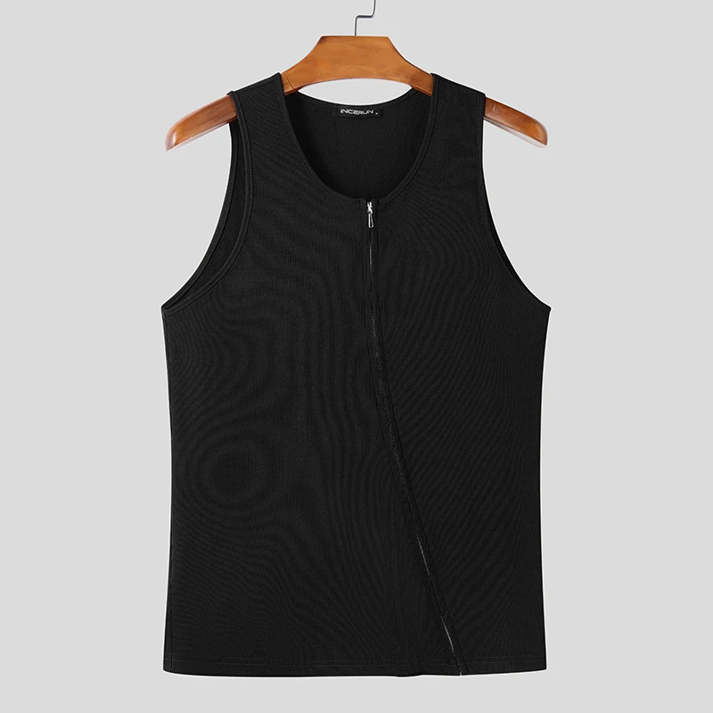 INCERUN Men Tank Tops Solid Color Knitted Zipper Sleeveless Male Vests Summer Streetwear Skinny 2025 Fashion Men Clothing S-3XL