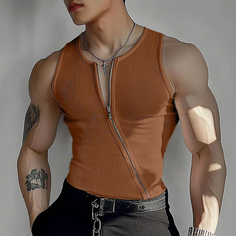 INCERUN Men Tank Tops Solid Color Knitted Zipper Sleeveless Male Vests Summer Streetwear Skinny 2025 Fashion Men Clothing S-3XL