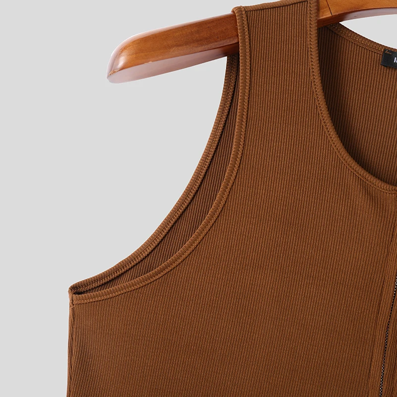 INCERUN Men Tank Tops Solid Color Knitted Zipper Sleeveless Male Vests Summer Streetwear Skinny 2025 Fashion Men Clothing S-3XL