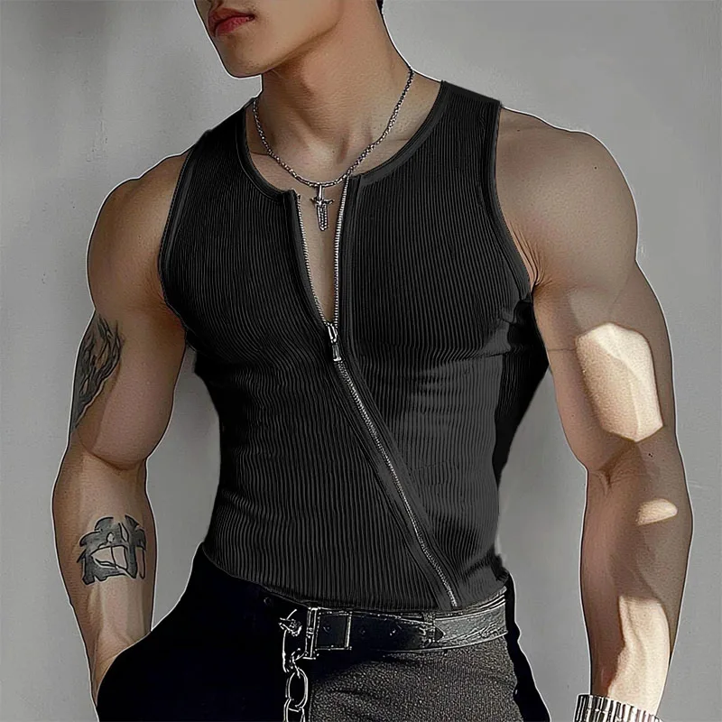 INCERUN Men Tank Tops Solid Color Knitted Zipper Sleeveless Male Vests Summer Streetwear Skinny 2025 Fashion Men Clothing S-3XL