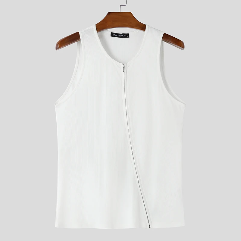 INCERUN Men Tank Tops Solid Color Knitted Zipper Sleeveless Male Vests Summer Streetwear Skinny 2025 Fashion Men Clothing S-3XL