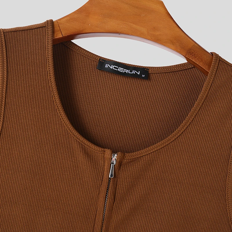 INCERUN Men Tank Tops Solid Color Knitted Zipper Sleeveless Male Vests Summer Streetwear Skinny 2025 Fashion Men Clothing S-3XL