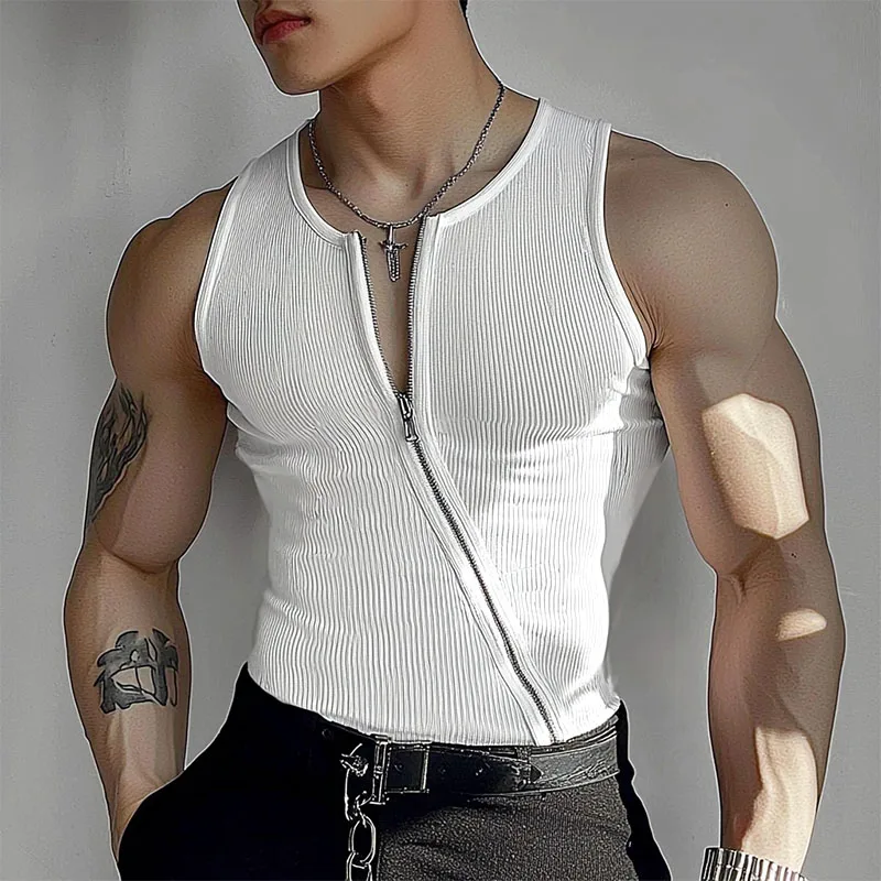INCERUN Men Tank Tops Solid Color Knitted Zipper Sleeveless Male Vests Summer Streetwear Skinny 2025 Fashion Men Clothing S-3XL