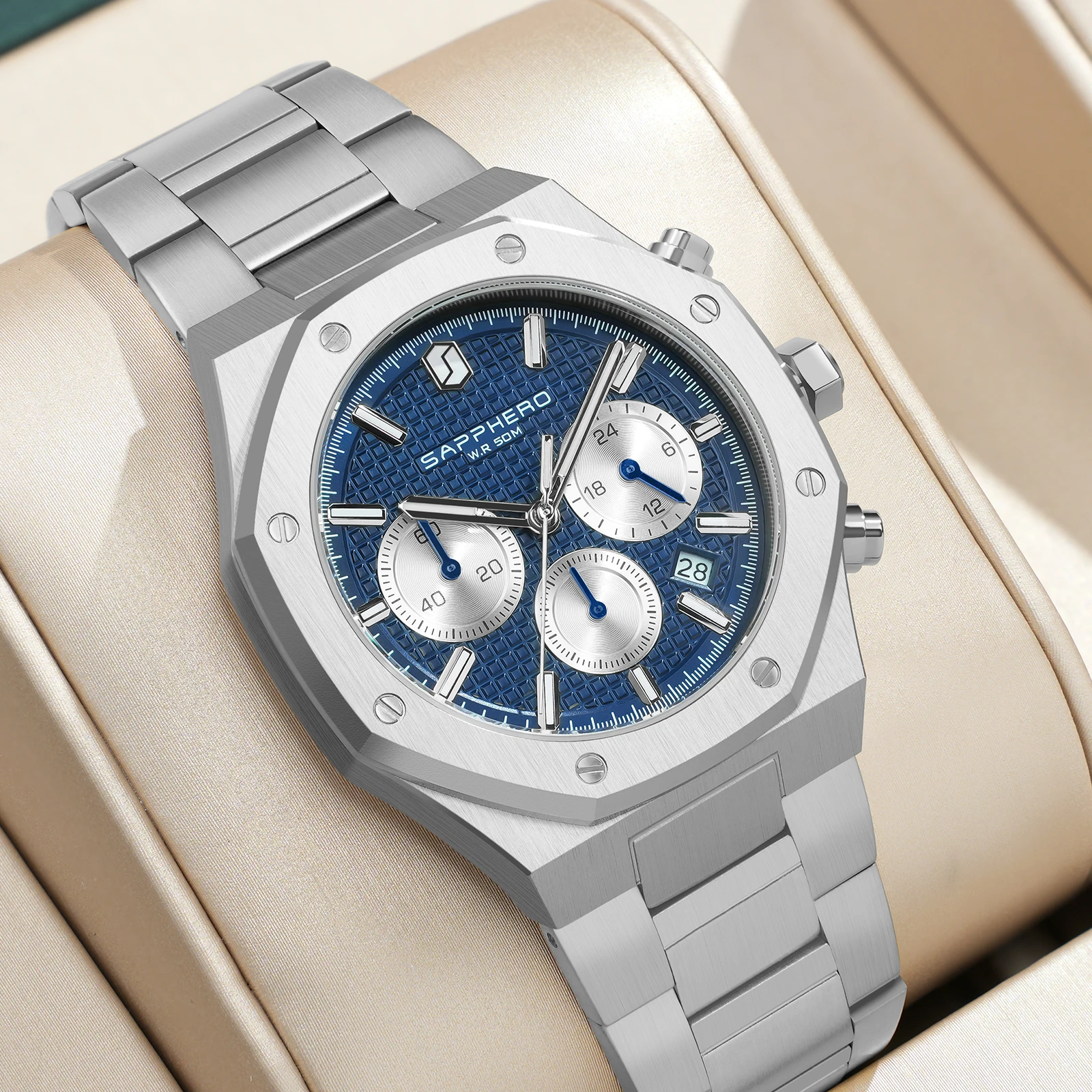 SAPPHERO Men's Watch Waterproof watch Chronograph function Date Glowing Hands Stainless Steel Watch Business  Watch For Men Gift