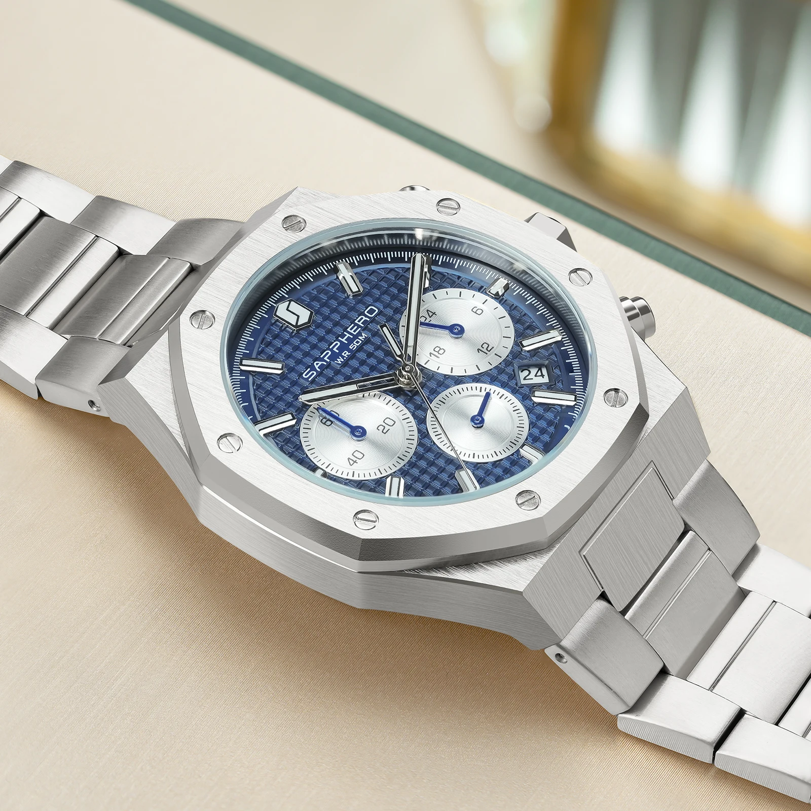 SAPPHERO Men's Watch Waterproof watch Chronograph function Date Glowing Hands Stainless Steel Watch Business  Watch For Men Gift
