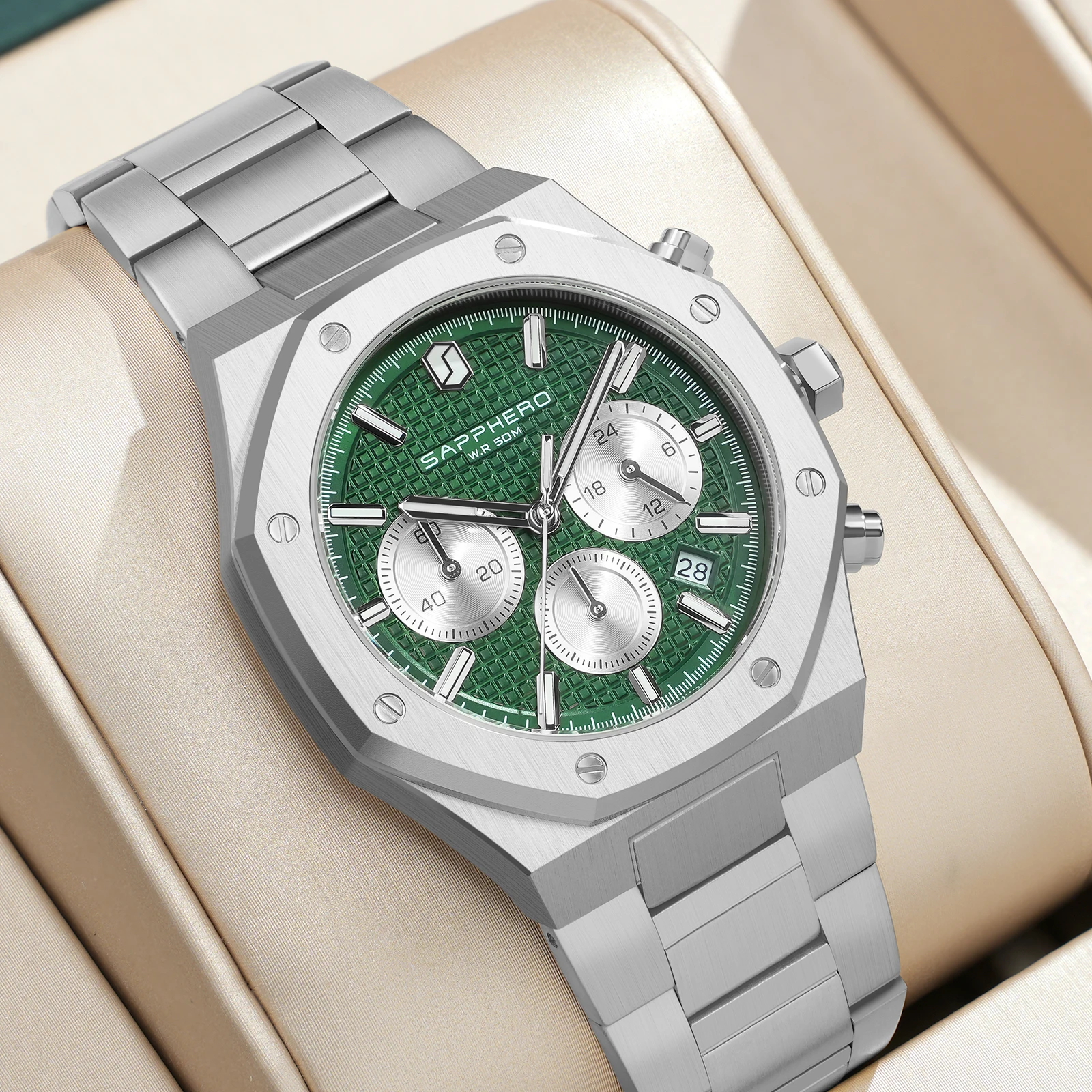 SAPPHERO Men's Watch Waterproof watch Chronograph function Date Glowing Hands Stainless Steel Watch Business  Watch For Men Gift