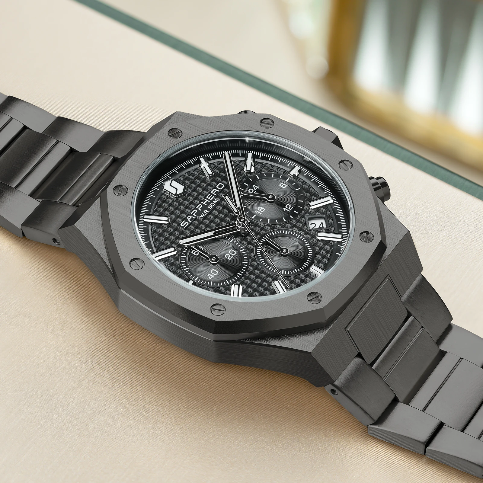 SAPPHERO Men's Watch Waterproof watch Chronograph function Date Glowing Hands Stainless Steel Watch Business  Watch For Men Gift
