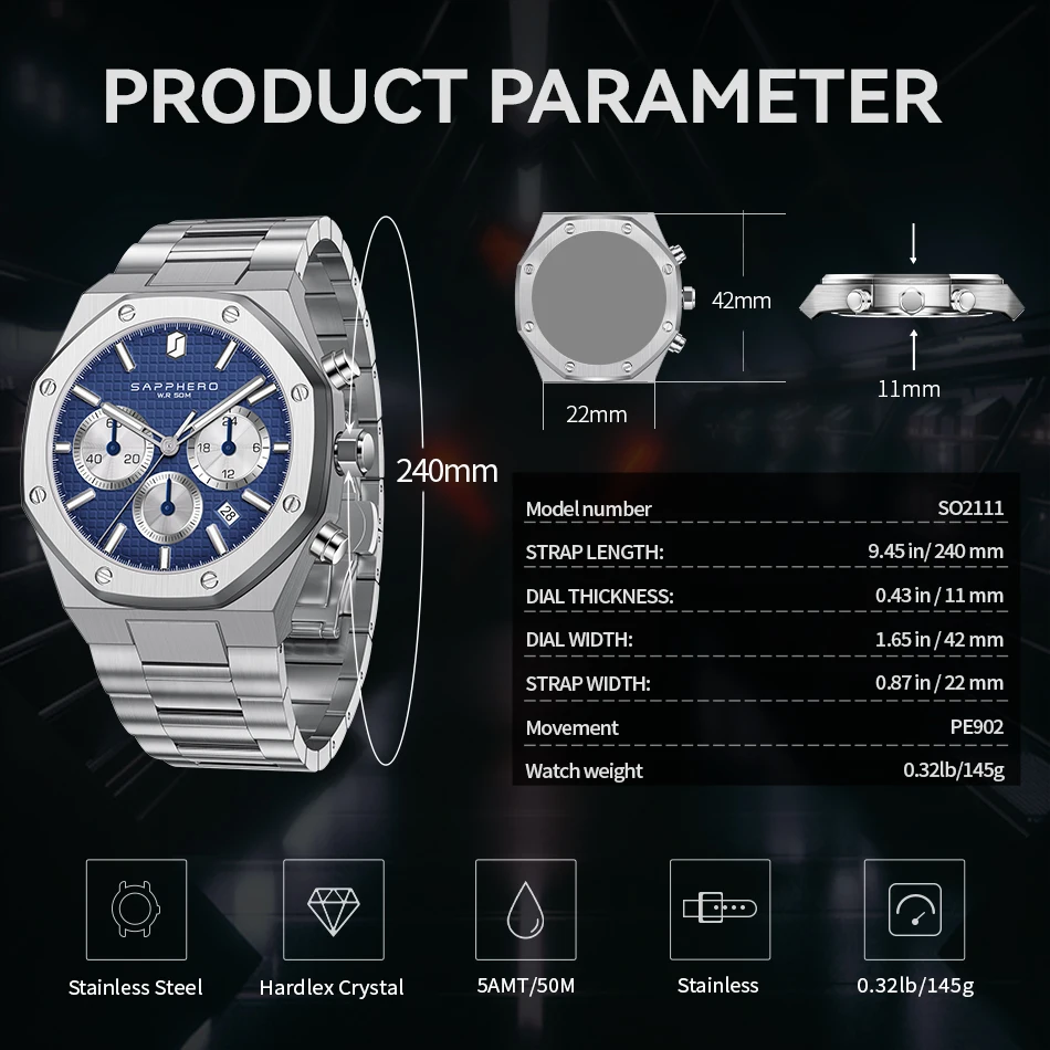 SAPPHERO Men's Watch Waterproof watch Chronograph function Date Glowing Hands Stainless Steel Watch Business  Watch For Men Gift