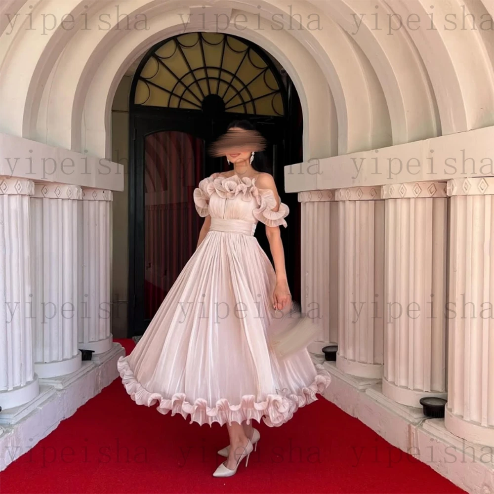 Customized Boat Neck A-Line Evening Dresses Off The Shoulder Ruffles Draped Midi Prom Gown Modern Backless Tea-Length Party Dres