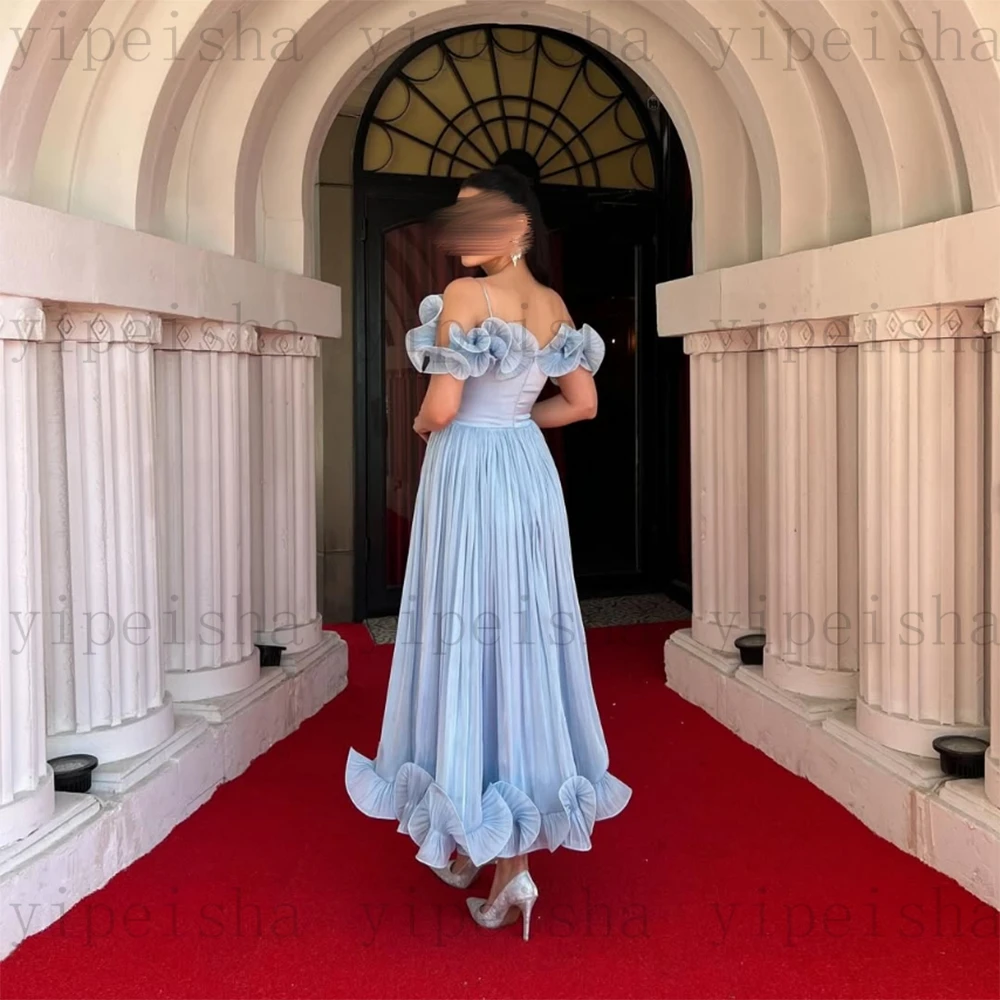 Customized Boat Neck A-Line Evening Dresses Off The Shoulder Ruffles Draped Midi Prom Gown Modern Backless Tea-Length Party Dres