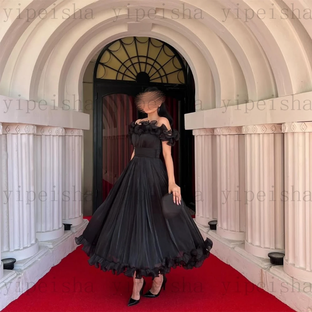 Customized Boat Neck A-Line Evening Dresses Off The Shoulder Ruffles Draped Midi Prom Gown Modern Backless Tea-Length Party Dres