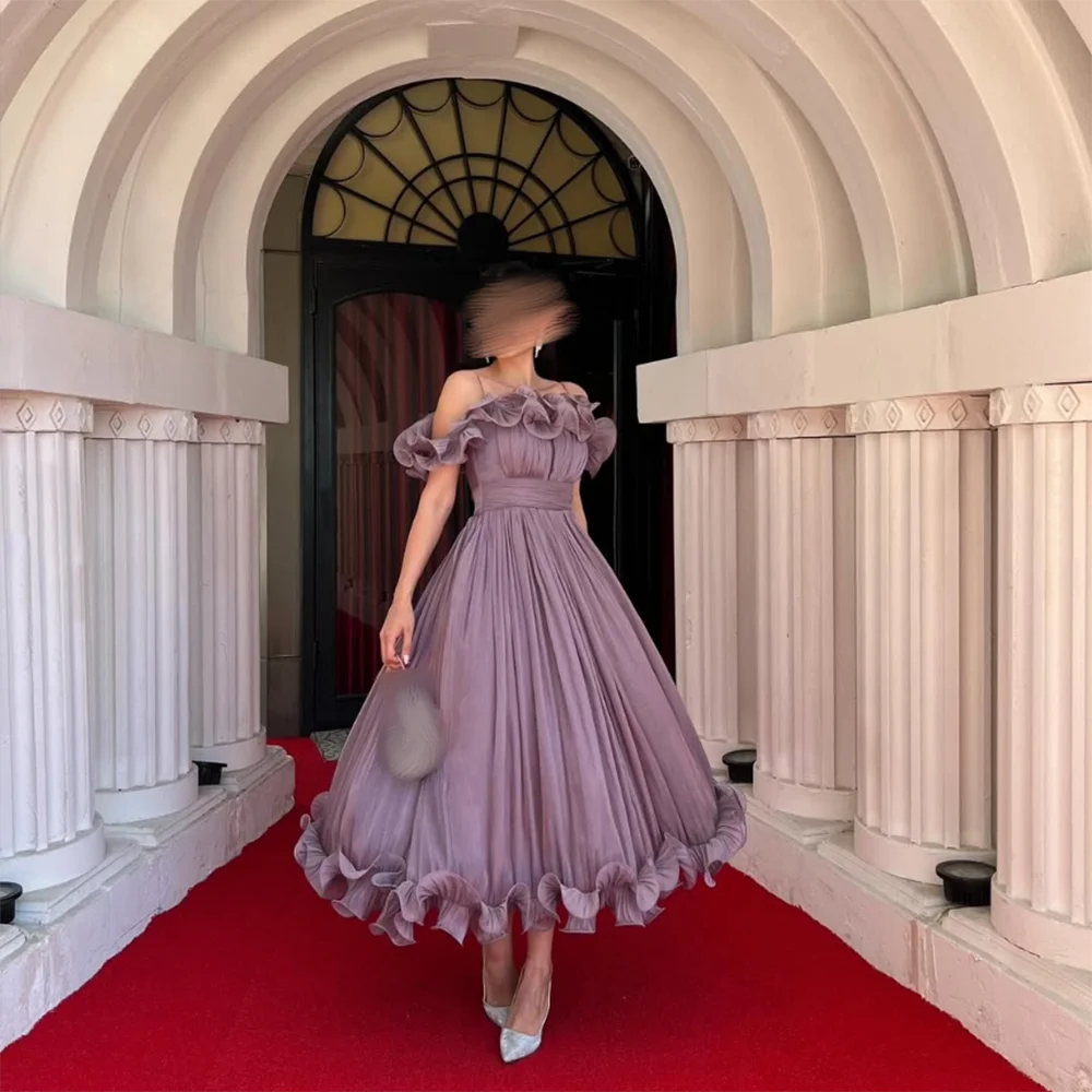 Customized Boat Neck A-Line Evening Dresses Off The Shoulder Ruffles Draped Midi Prom Gown Modern Backless Tea-Length Party Dres