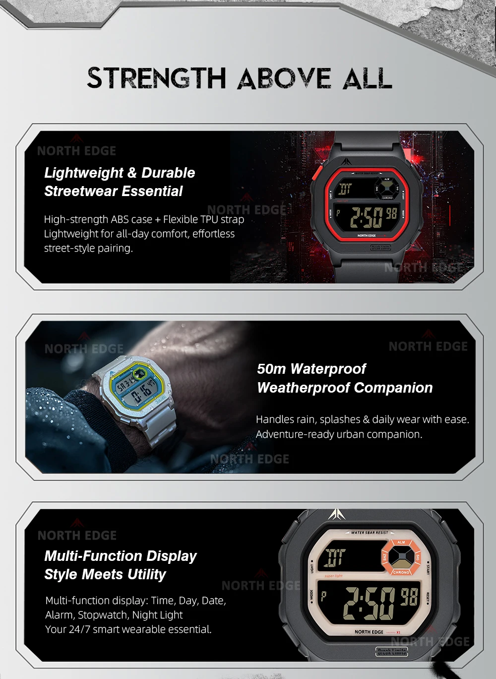 NORTH EDGE X1 Square Screen Digital Watch 2025 Men Women Sportswatch Waterproof 50M Stopwatch Countdown Alarm Clock Reloj Hombre