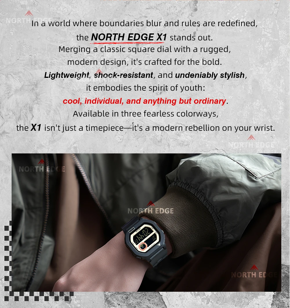 NORTH EDGE X1 Square Screen Digital Watch 2025 Men Women Sportswatch Waterproof 50M Stopwatch Countdown Alarm Clock Reloj Hombre