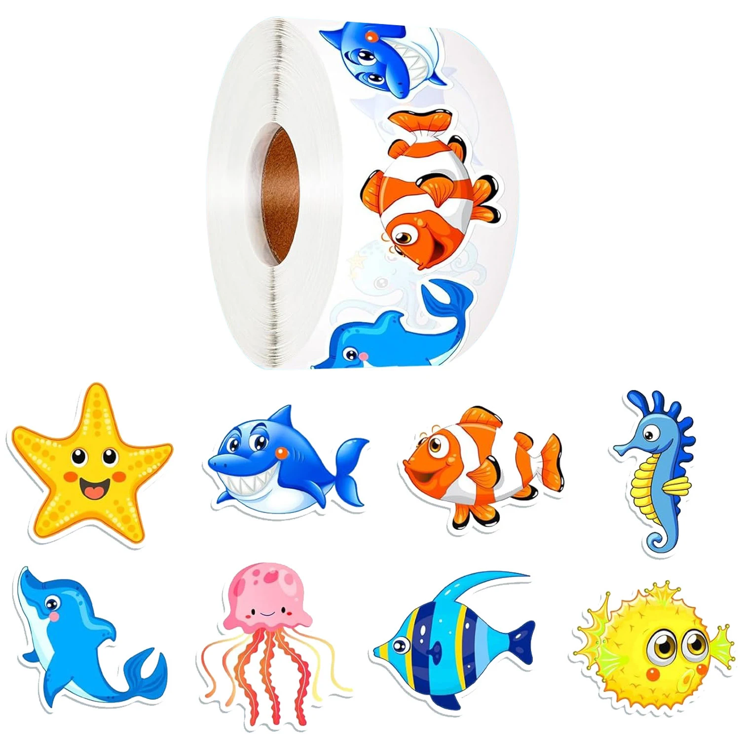 500/1000 Pcs Roll Sticker For Kids Cute Cartoon Fish Deals Sea Ocean Animal Stickers Creature Labels For Teacher Reward School