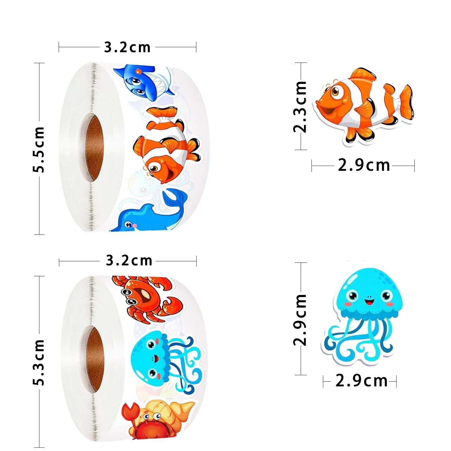 500/1000 Pcs Roll Sticker For Kids Cute Cartoon Fish Deals Sea Ocean Animal Stickers Creature Labels For Teacher Reward School