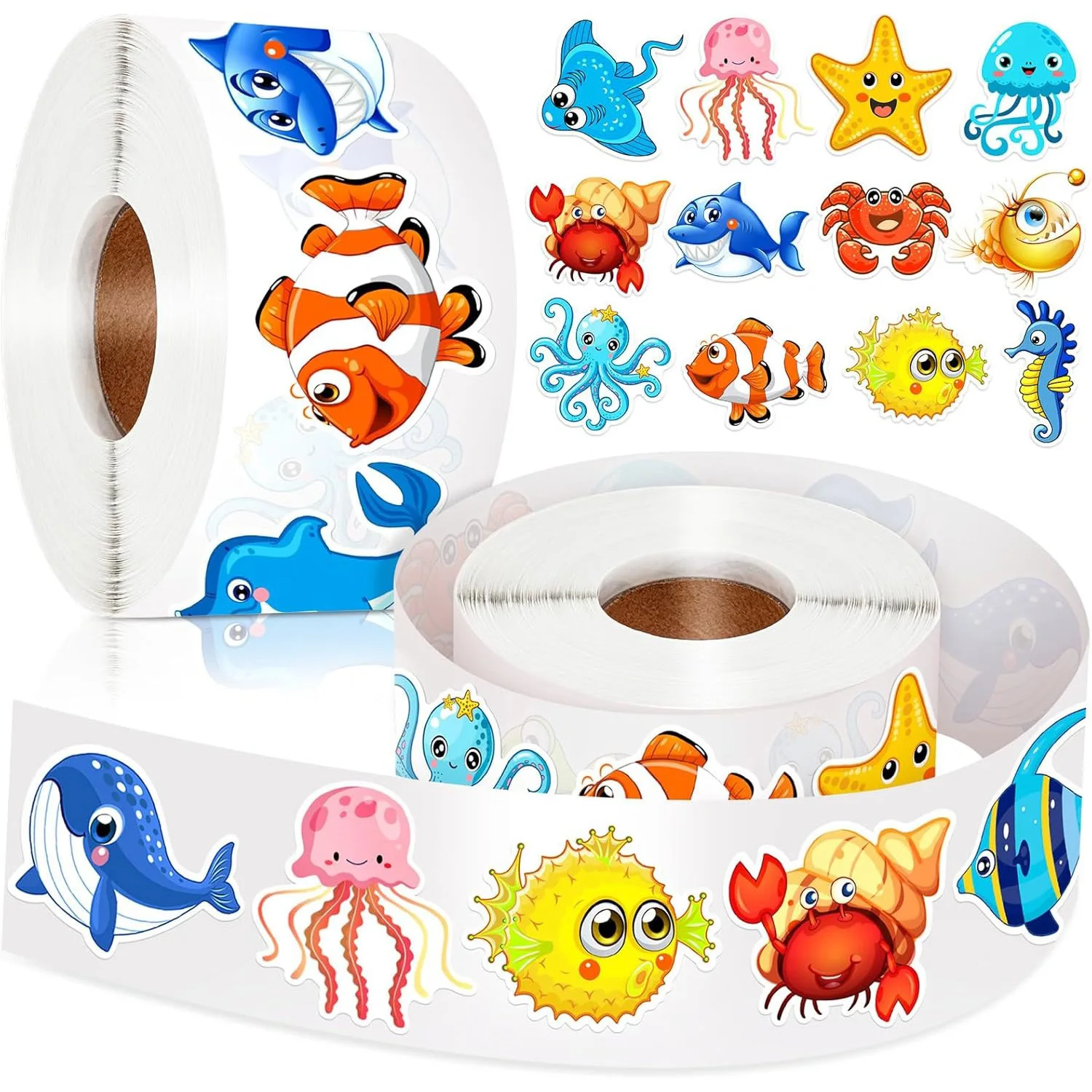 500/1000 Pcs Roll Sticker For Kids Cute Cartoon Fish Deals Sea Ocean Animal Stickers Creature Labels For Teacher Reward School