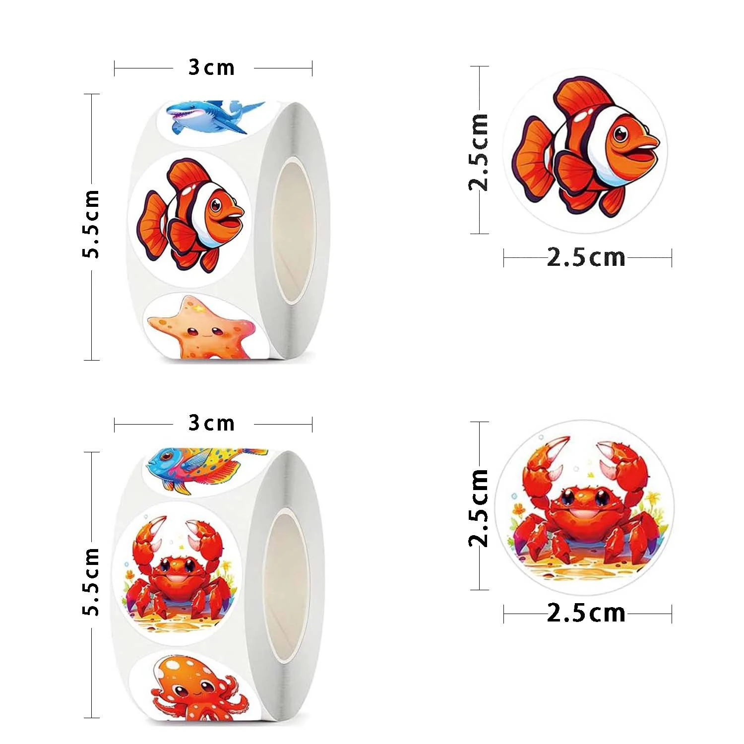 500/1000 Pcs Roll Sticker For Kids Cute Cartoon Fish Deals Sea Ocean Animal Stickers Creature Labels For Teacher Reward School