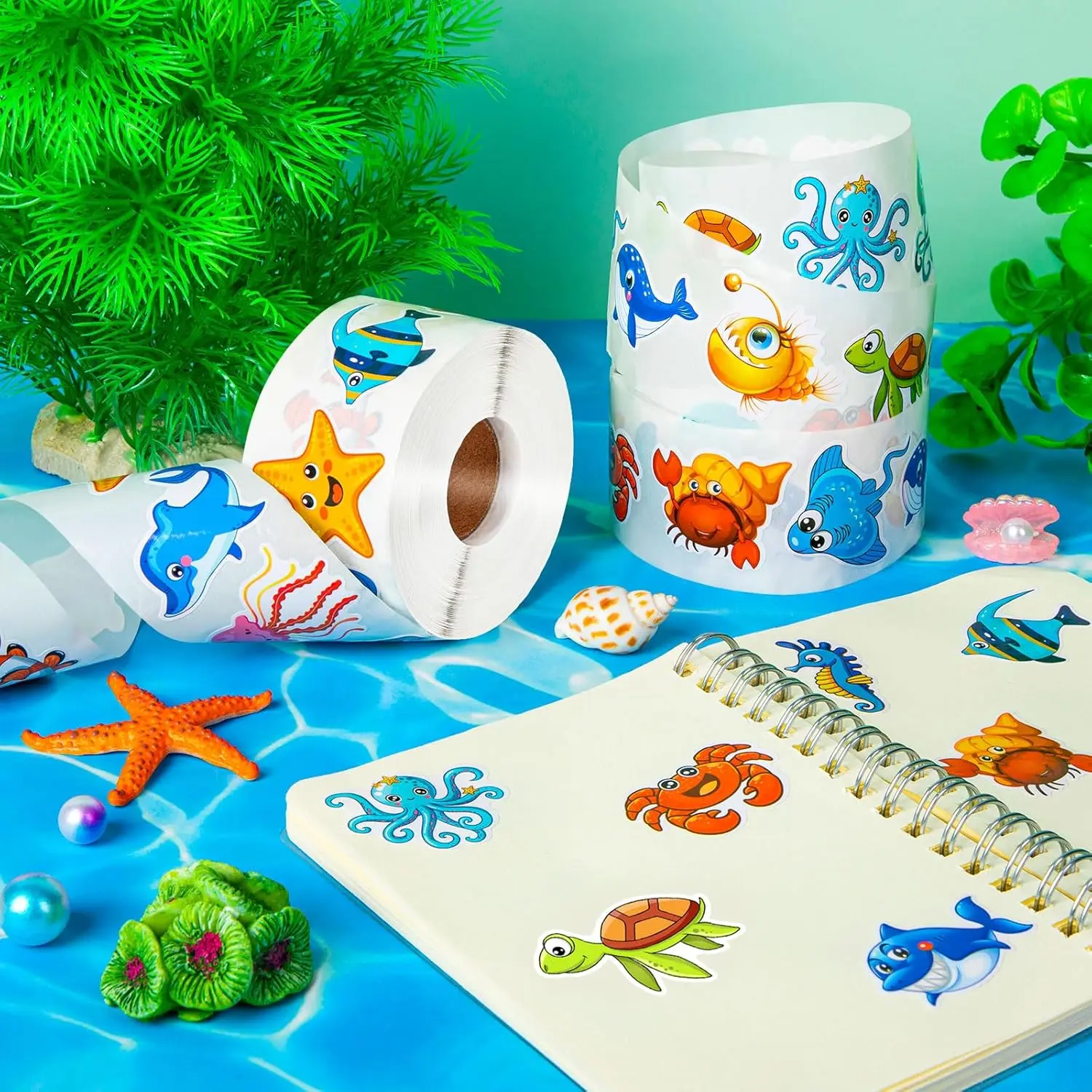 500/1000 Pcs Roll Sticker For Kids Cute Cartoon Fish Deals Sea Ocean Animal Stickers Creature Labels For Teacher Reward School