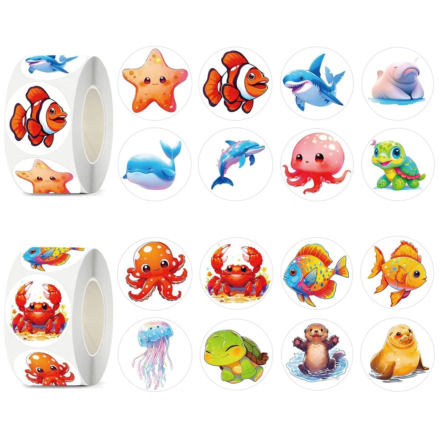 500/1000 Pcs Roll Sticker For Kids Cute Cartoon Fish Deals Sea Ocean Animal Stickers Creature Labels For Teacher Reward School