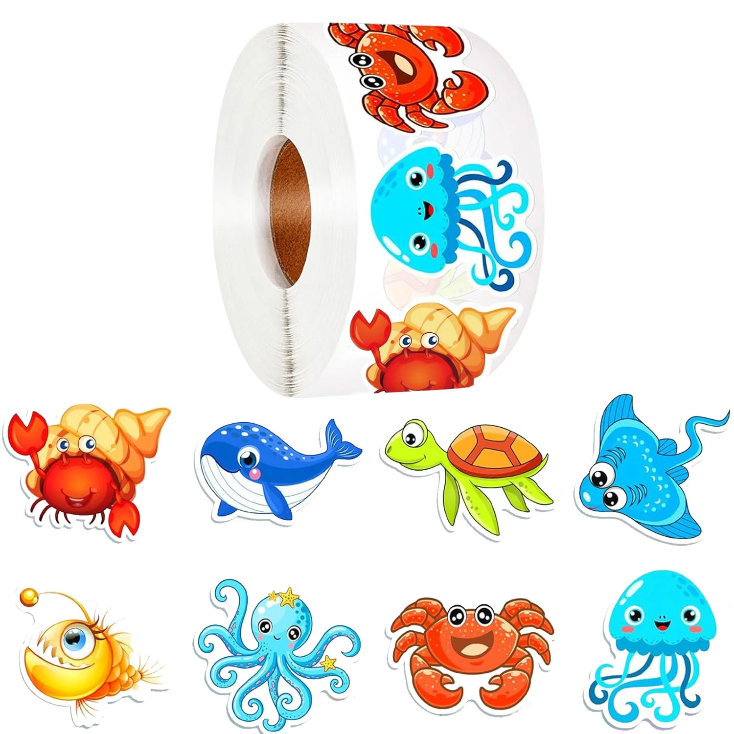 500/1000 Pcs Roll Sticker For Kids Cute Cartoon Fish Deals Sea Ocean Animal Stickers Creature Labels For Teacher Reward School