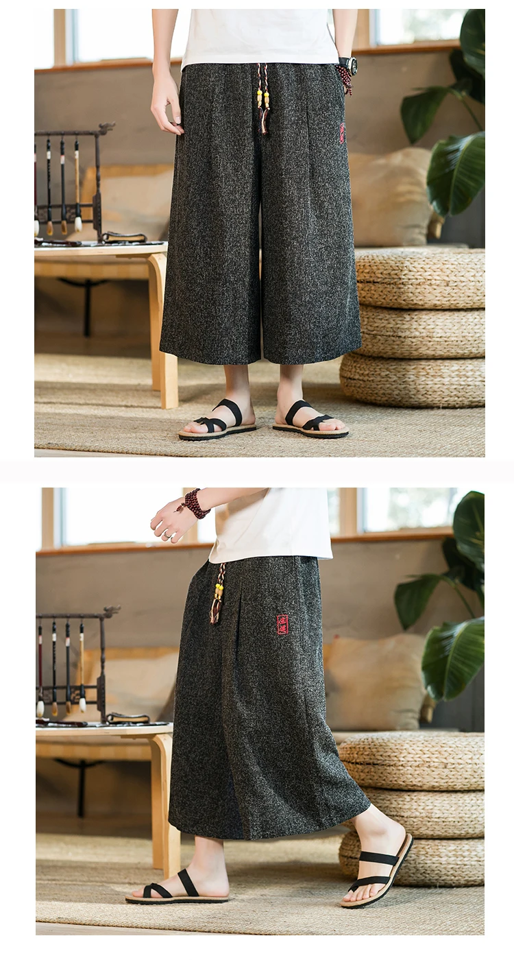 Japan Style Kimono Capri Pants Men Lace Up Elastic Waist Vintage Casual Pants Loose Oversize Wide Leg Pants Harajuku Streetwear