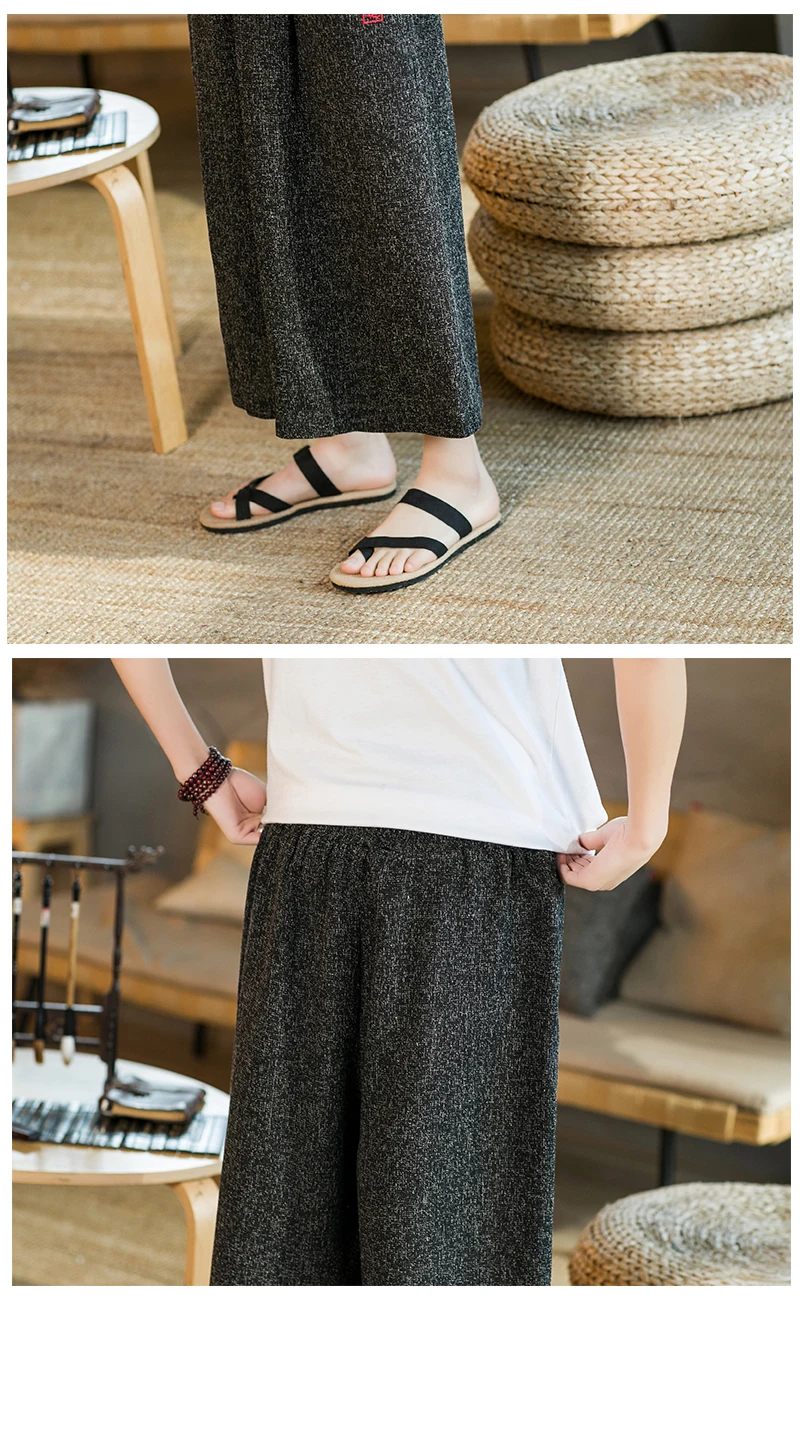 Japan Style Kimono Capri Pants Men Lace Up Elastic Waist Vintage Casual Pants Loose Oversize Wide Leg Pants Harajuku Streetwear