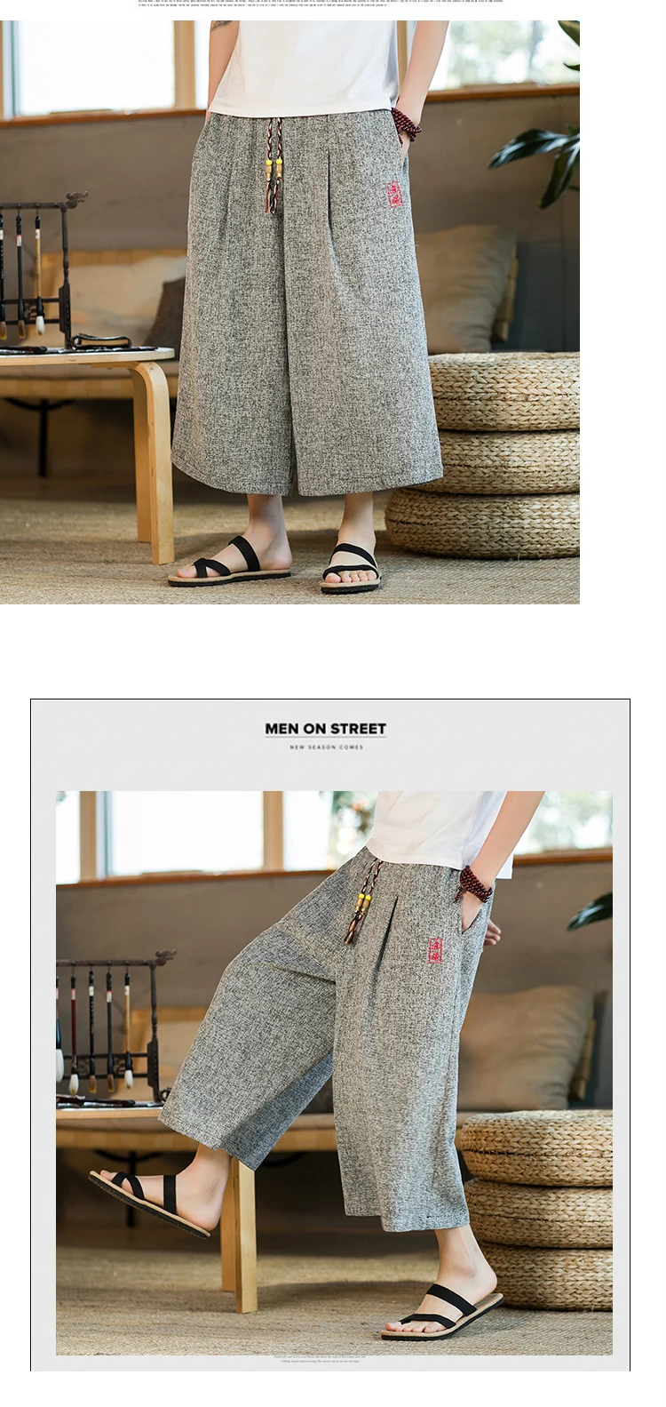 Japan Style Kimono Capri Pants Men Lace Up Elastic Waist Vintage Casual Pants Loose Oversize Wide Leg Pants Harajuku Streetwear