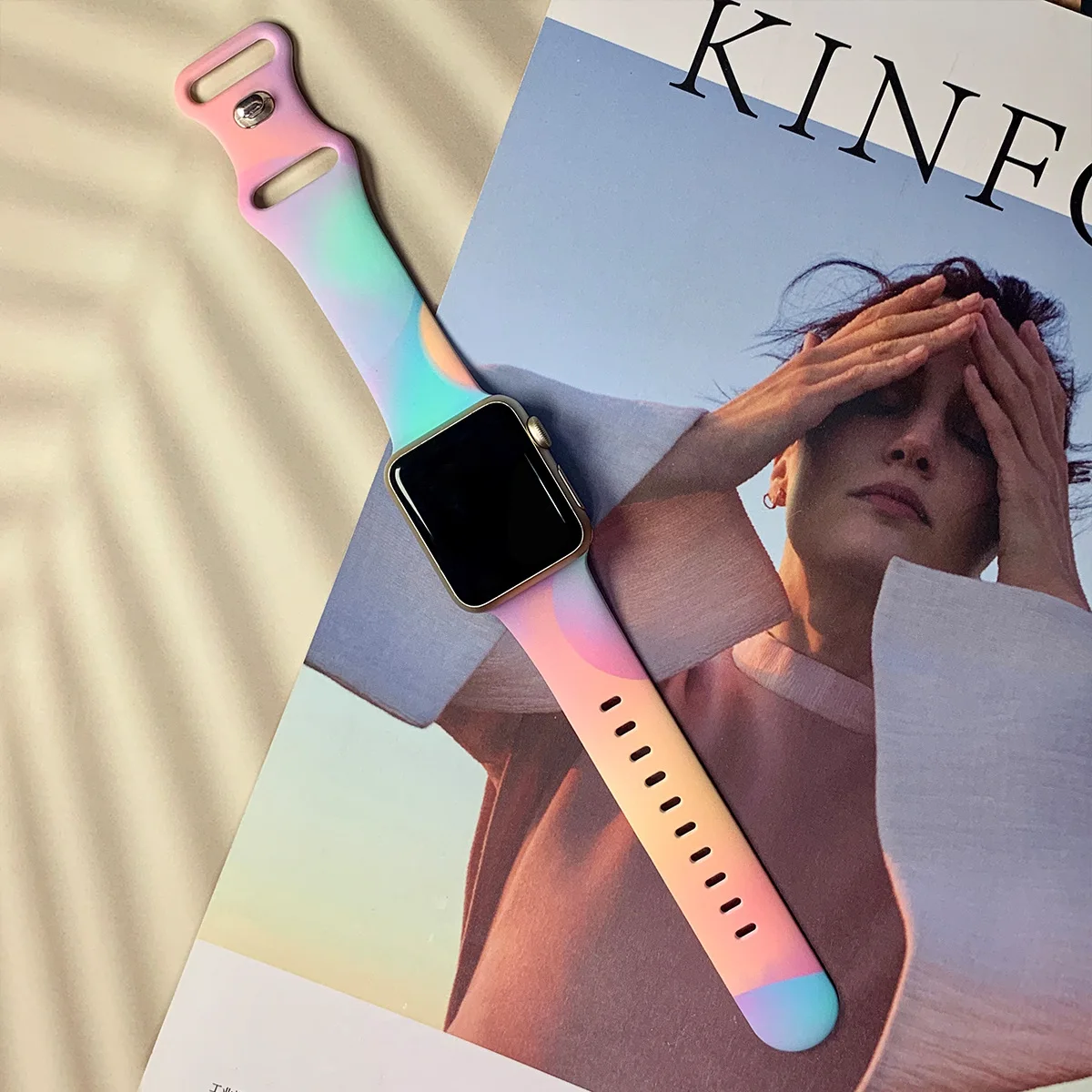 Fashion Aurora Silicone Strap for Apple Watch Ultra 49mm Band 45 44 38 40 41 46 42mm Bracelet iWatch Series 12 11 10 9 8 7 6 5 4
