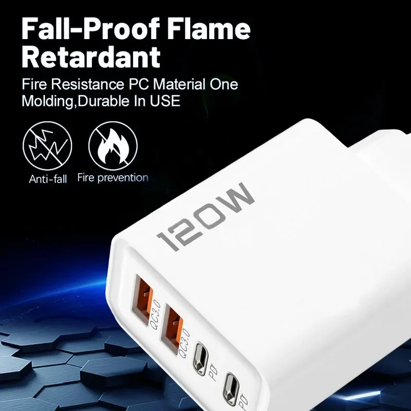 PD 120W 4 Ports USB C Charger Quick Charge 3.0 Type C USB Phone Chargers Fast Charging Adapter for Samsung iPhone Xiaomi Huawei