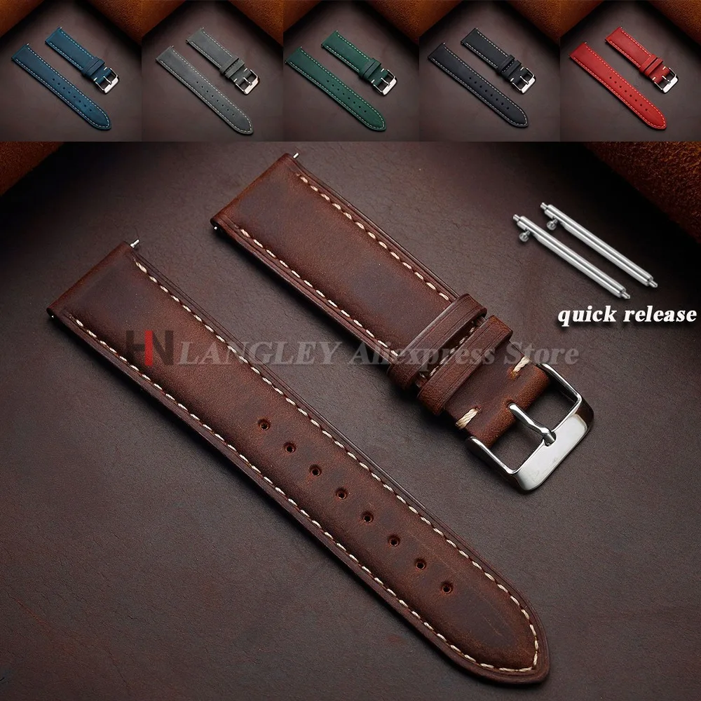 Cowhide Leather Watch Strap 14mm 16mm 18mm 20mm 22mm 24mm for Samsung Galaxy Watch 7/6/5/4 Vintage Brown Quick Release Bracelets