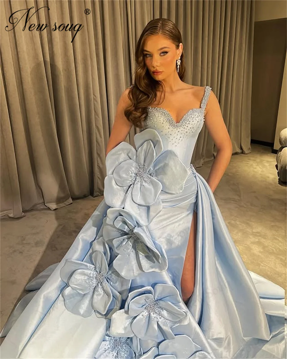 New Elegant Sky Blue Satin Evening Dresses Arabic Dubai 3D Flower Beading Prom Dress Party Dress Vestidos De Cóctel Customized