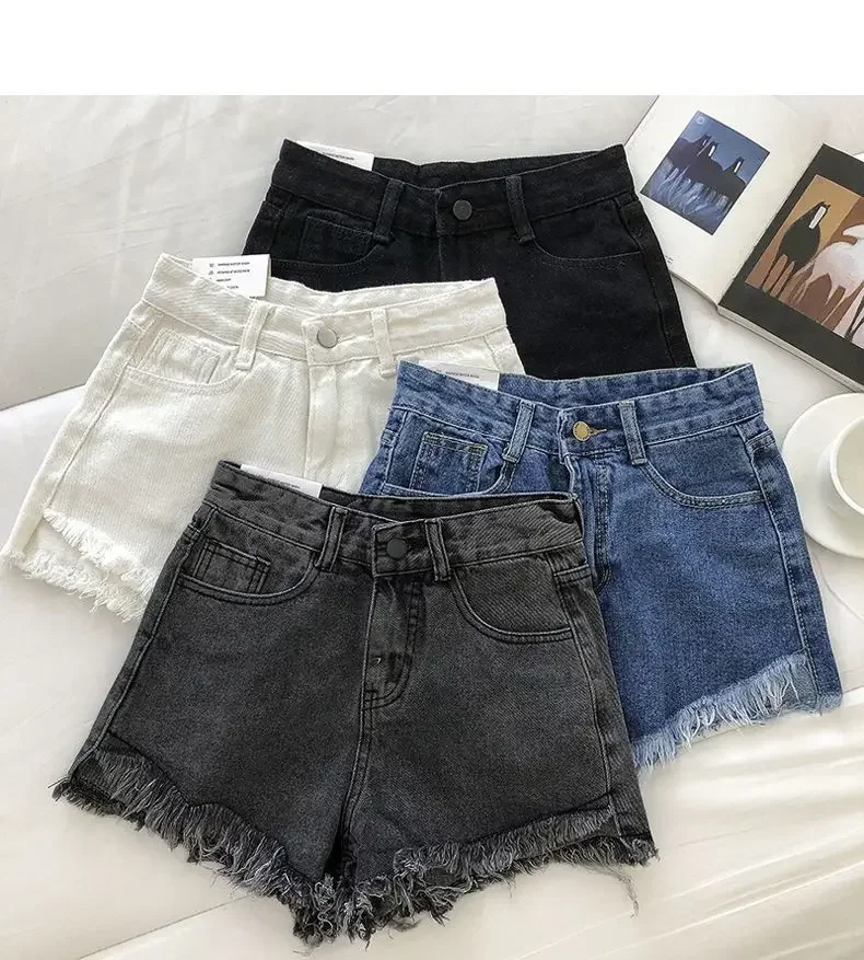 2025 New Summer Women High Wiast Raw Hem Denim Shorts Soild White Black Blue Korean Wide Leg Pants Mon Shorts Jean Shorts