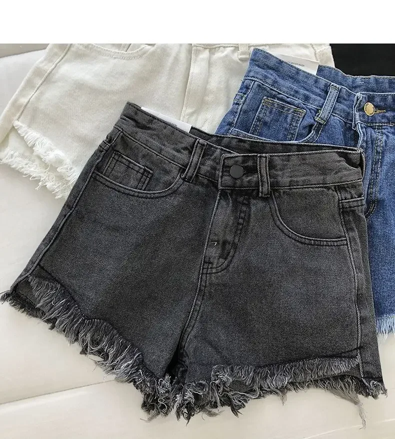 2025 New Summer Women High Wiast Raw Hem Denim Shorts Soild White Black Blue Korean Wide Leg Pants Mon Shorts Jean Shorts