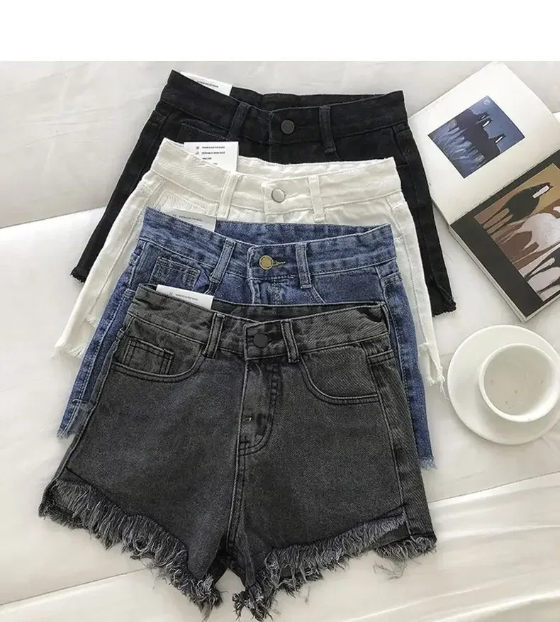 2025 New Summer Women High Wiast Raw Hem Denim Shorts Soild White Black Blue Korean Wide Leg Pants Mon Shorts Jean Shorts