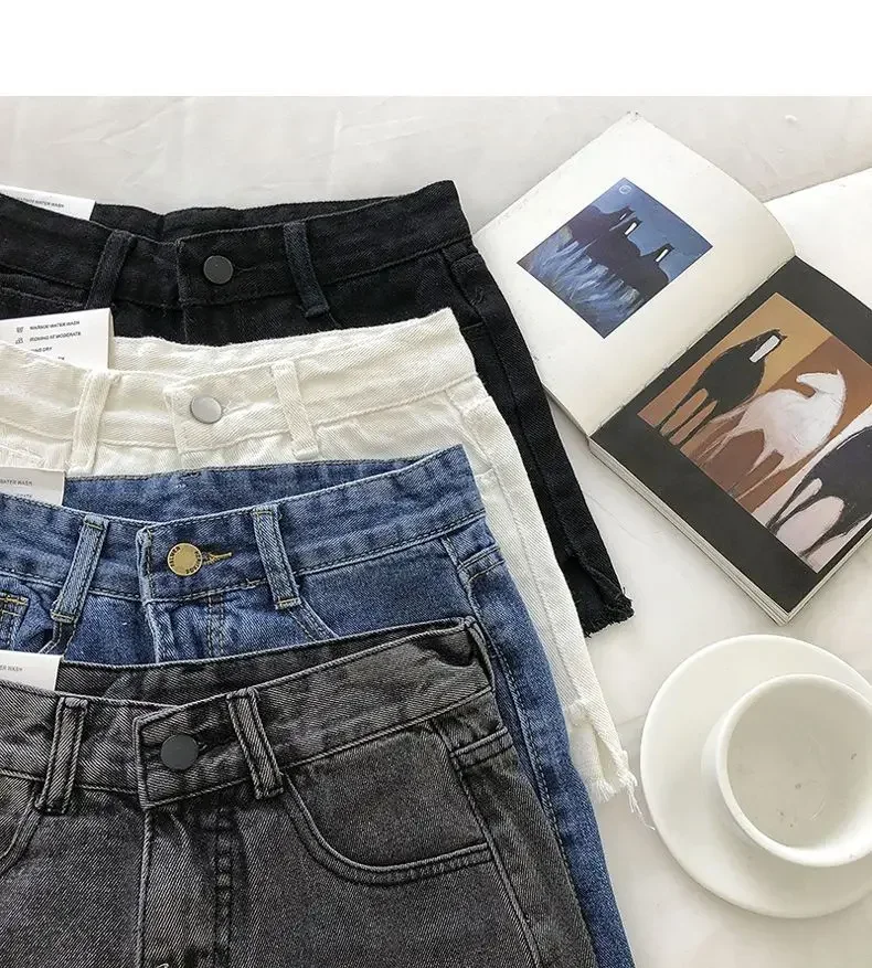2025 New Summer Women High Wiast Raw Hem Denim Shorts Soild White Black Blue Korean Wide Leg Pants Mon Shorts Jean Shorts