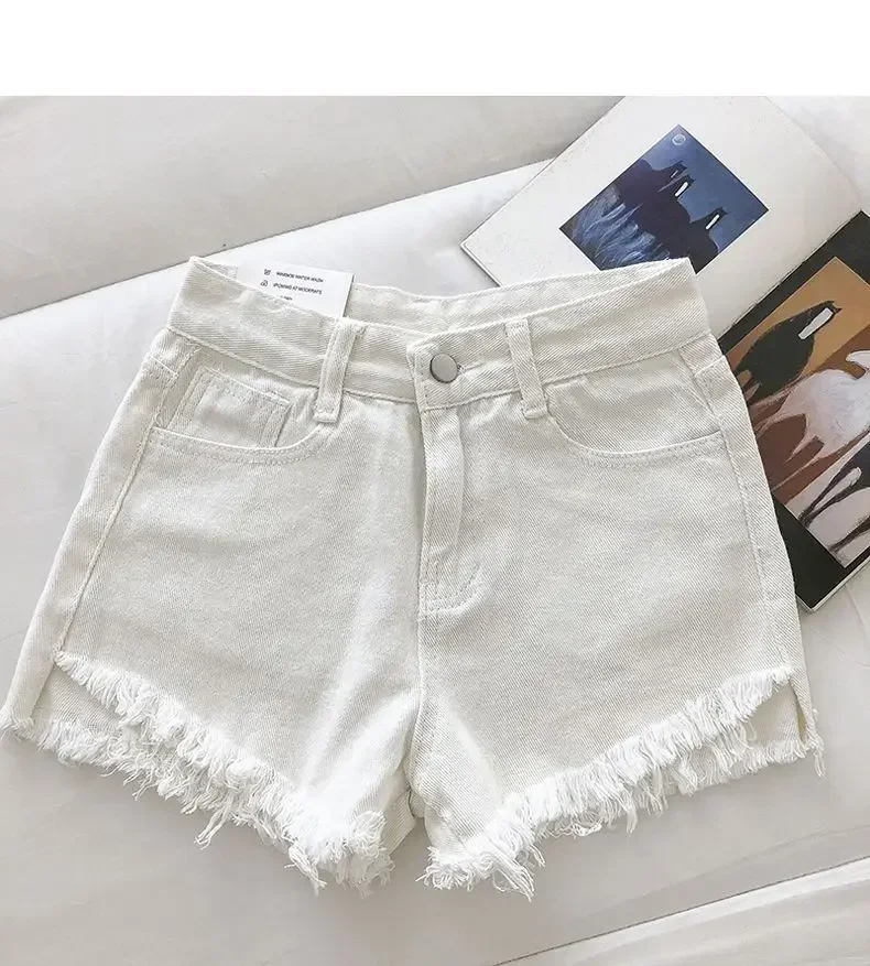 2025 New Summer Women High Wiast Raw Hem Denim Shorts Soild White Black Blue Korean Wide Leg Pants Mon Shorts Jean Shorts