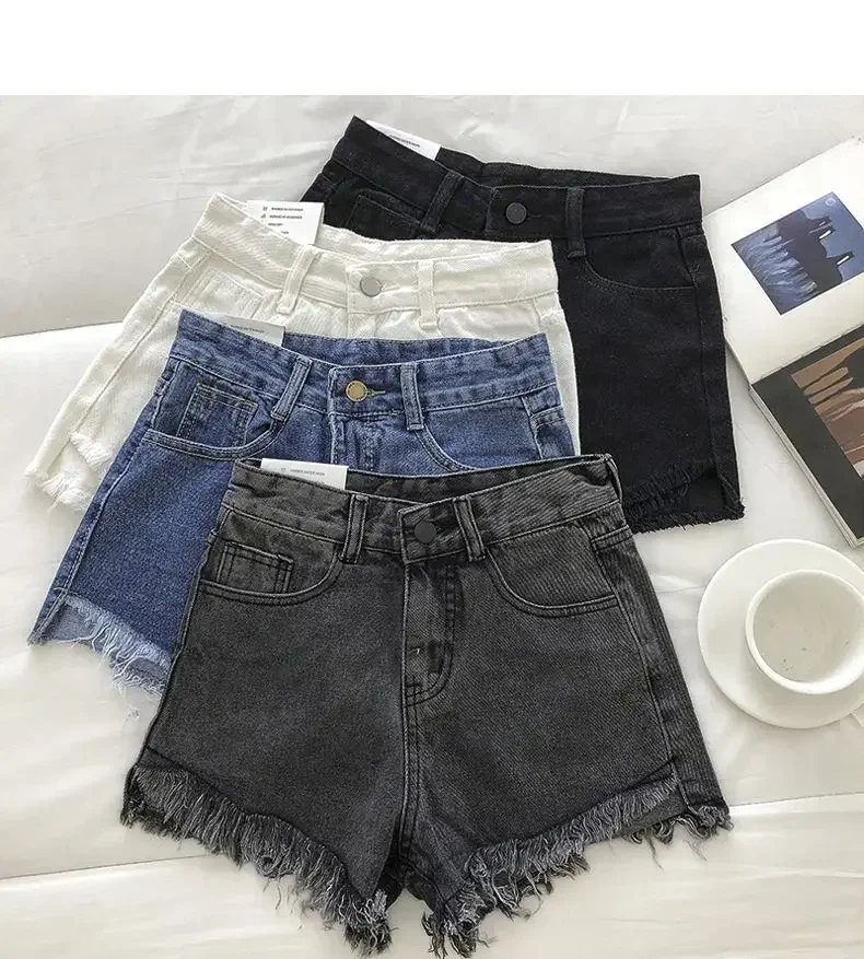2025 New Summer Women High Wiast Raw Hem Denim Shorts Soild White Black Blue Korean Wide Leg Pants Mon Shorts Jean Shorts