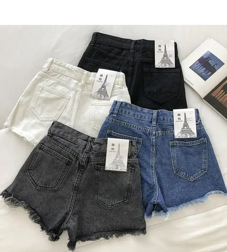 2025 New Summer Women High Wiast Raw Hem Denim Shorts Soild White Black Blue Korean Wide Leg Pants Mon Shorts Jean Shorts